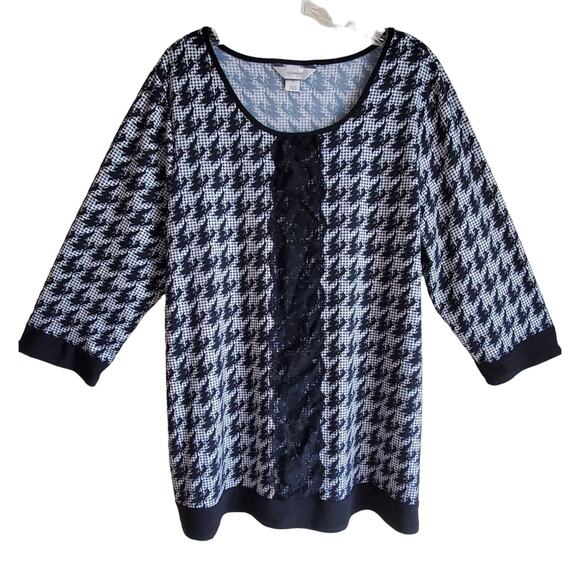 CHRISTOPHER CJ BANKS Women X 14 Tunic Top Black & White Houndstooth Lace 40" - Picture 1 of 7
